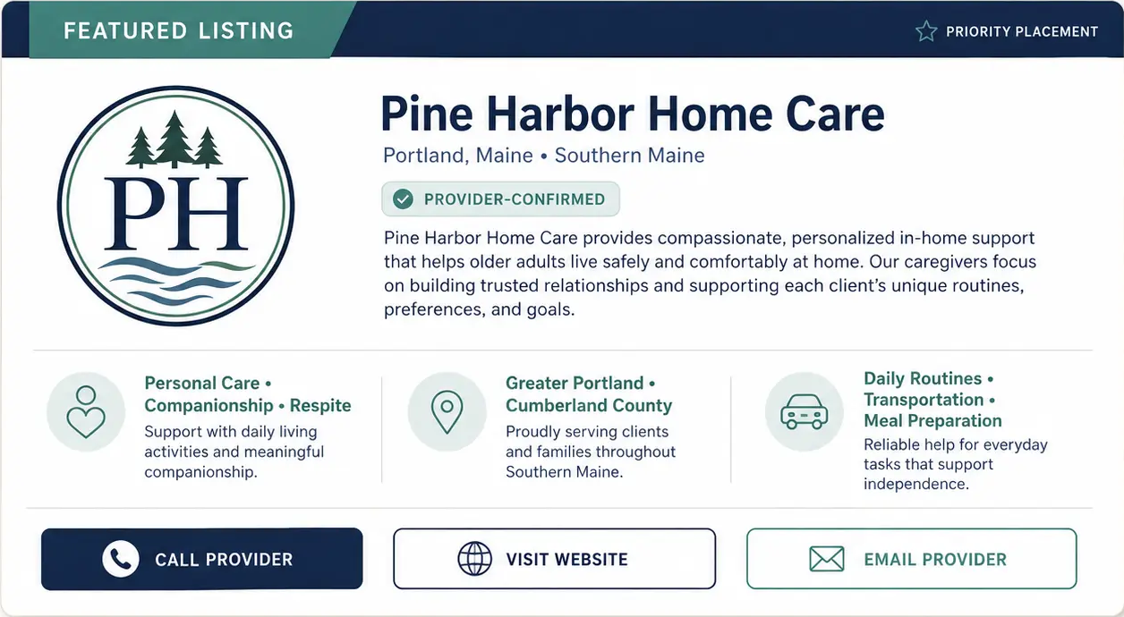 Approved fictional Featured Listing card for Pine Harbor Home Care showing a navy-and-teal presentation with priority placement