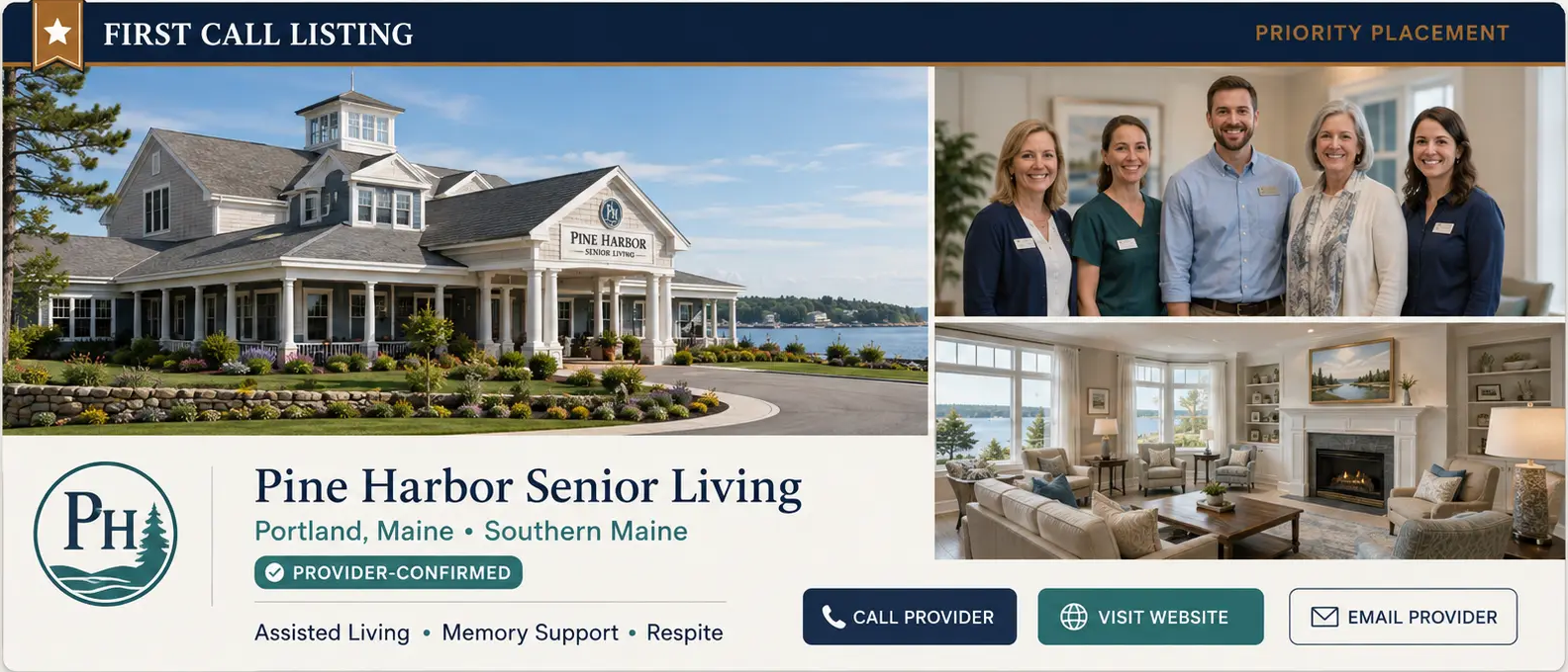 Approved fictional First Call Listing card for Pine Harbor Senior Living showing a premium navy-and-bronze presentation with establishment, staff, and interior sample images