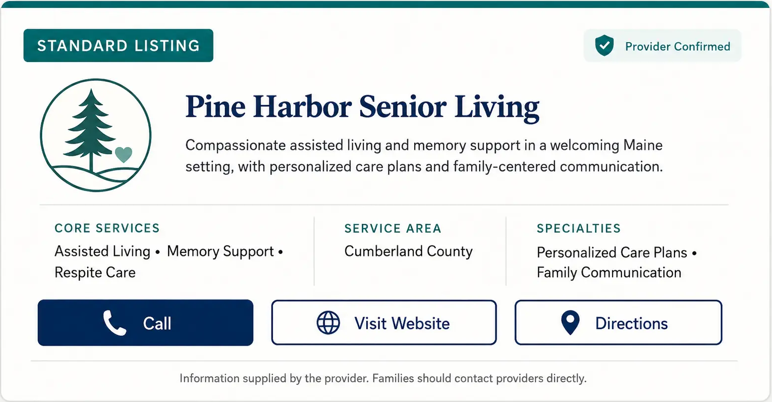 Approved fictional Standard Listing card for Pine Harbor Senior Living showing a restrained teal-and-white presentation